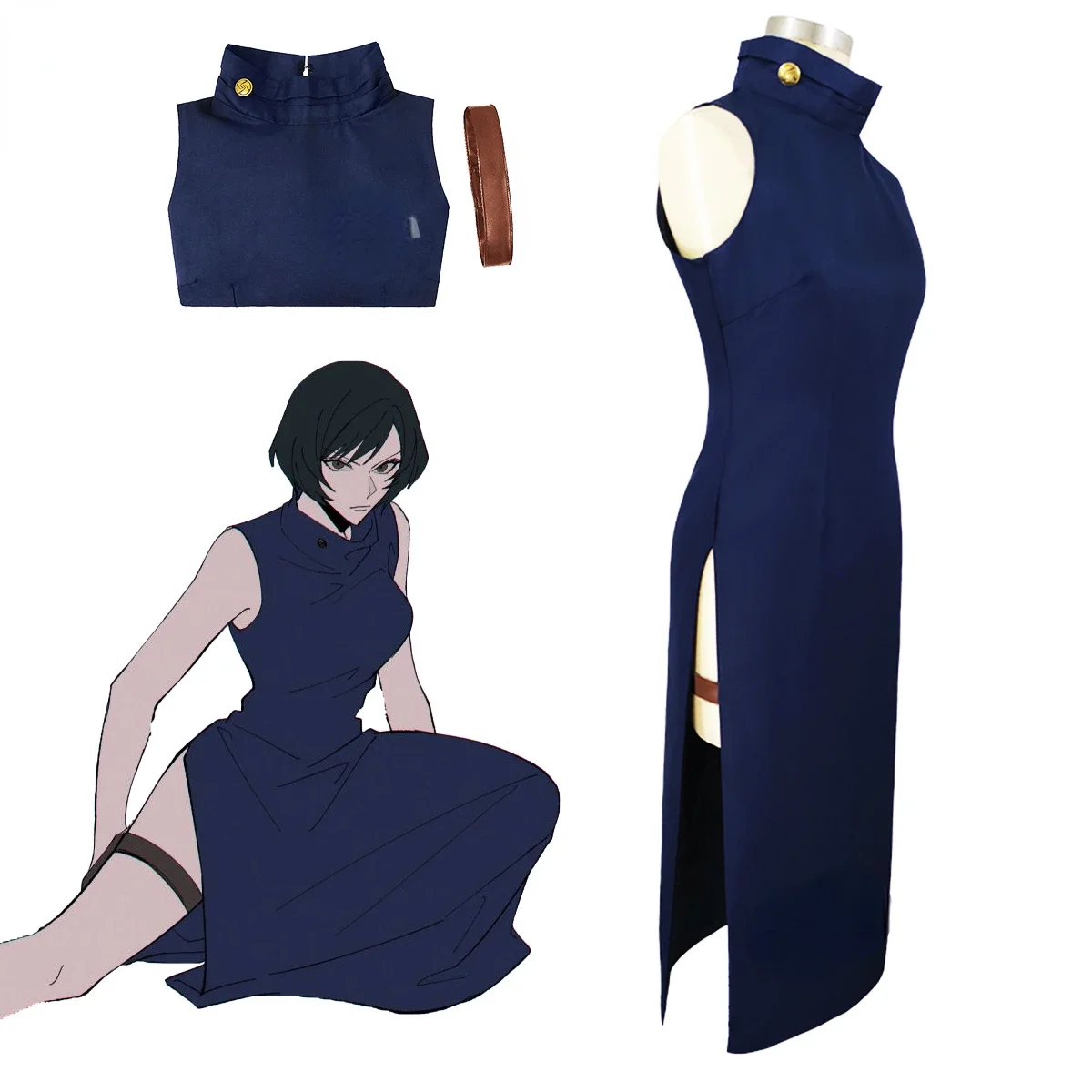 

Anime Jujutsu Kaisen Zenin Mai Cosplay Costumes Wig Zenin Mai Cosplay Costume Navy Blue Cheongsam Uniform Halloween