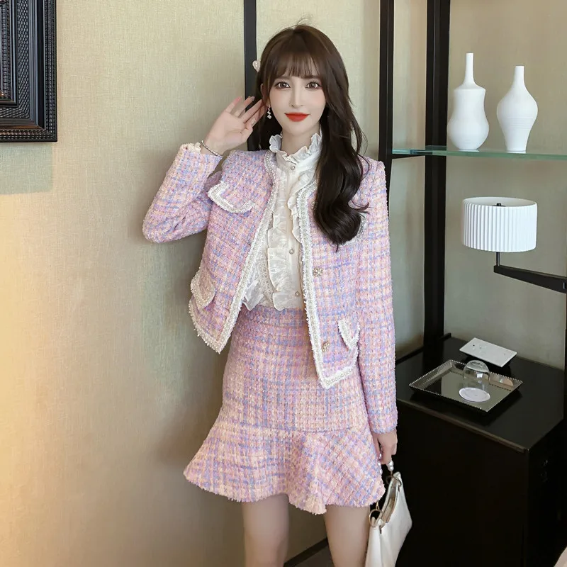 

Small Fragrance 2023 New Fall Winter Vintage Skirt 2 Piece Set Women Luxury Buttons Woolen Tweed Jacket Short Coat + Skirt Suits