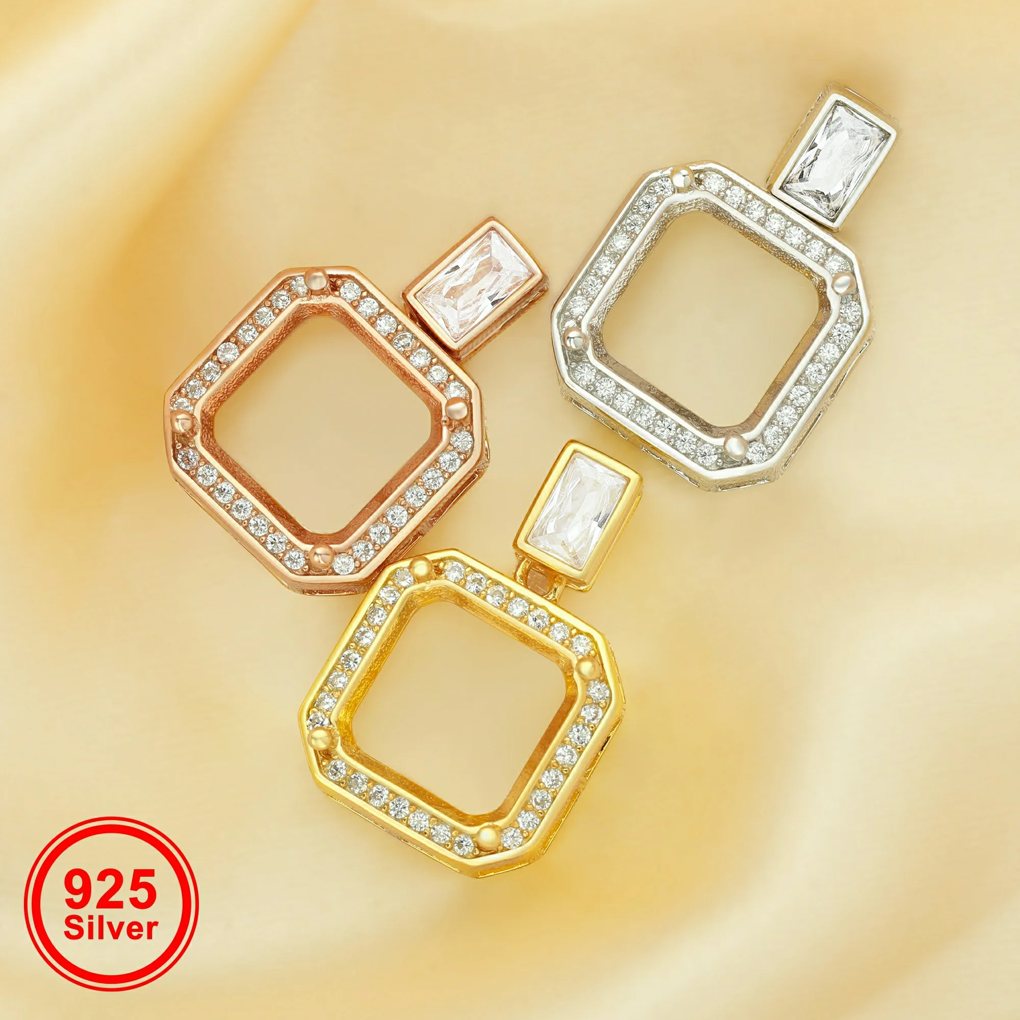 

10MM Square Prong Pendant Settings,Simple Solid 925 Sterling Silver Rose Gold Plated Charm,Luxury Pendant Blank Settings 1431168