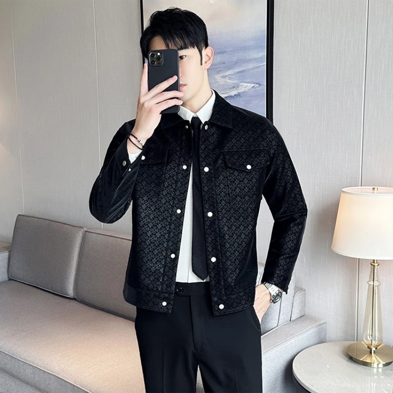 Brand Full Print Pattern Leather Jackets Men Pocket Decoration Lapel PU Motorcycle Jacket Slim Casual Business Coat Men Clothing