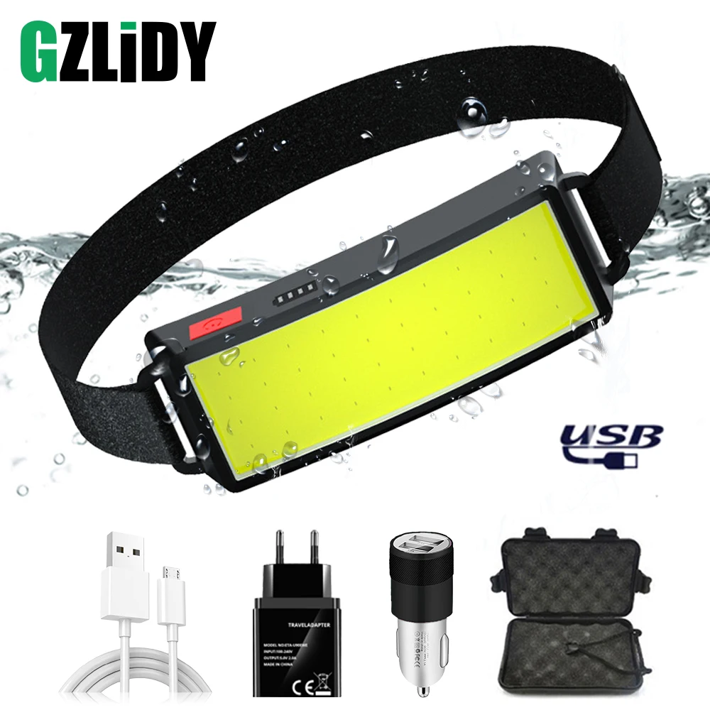 Powerful COB Headlamp Waterproof LED Fishing Headlight USB Rechargeable Camping Lantern Head Flashlight with Battery Display
