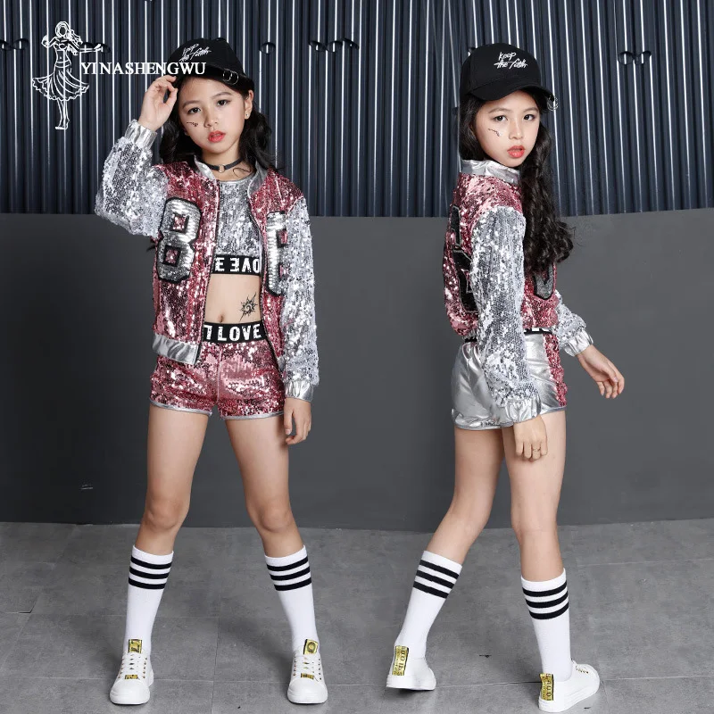 Jazz Dance Costume Pink Sequins Shining Street Dance Jacket Children's Costume Children's Day Stage Performance Costume Girl