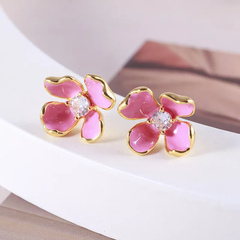 Cut Enamel Sparkling Pink Small Flowers Fresh Youthful Romantic Stud Earrings Necklace Piercing Jewelry Set Boho Trendy Korean