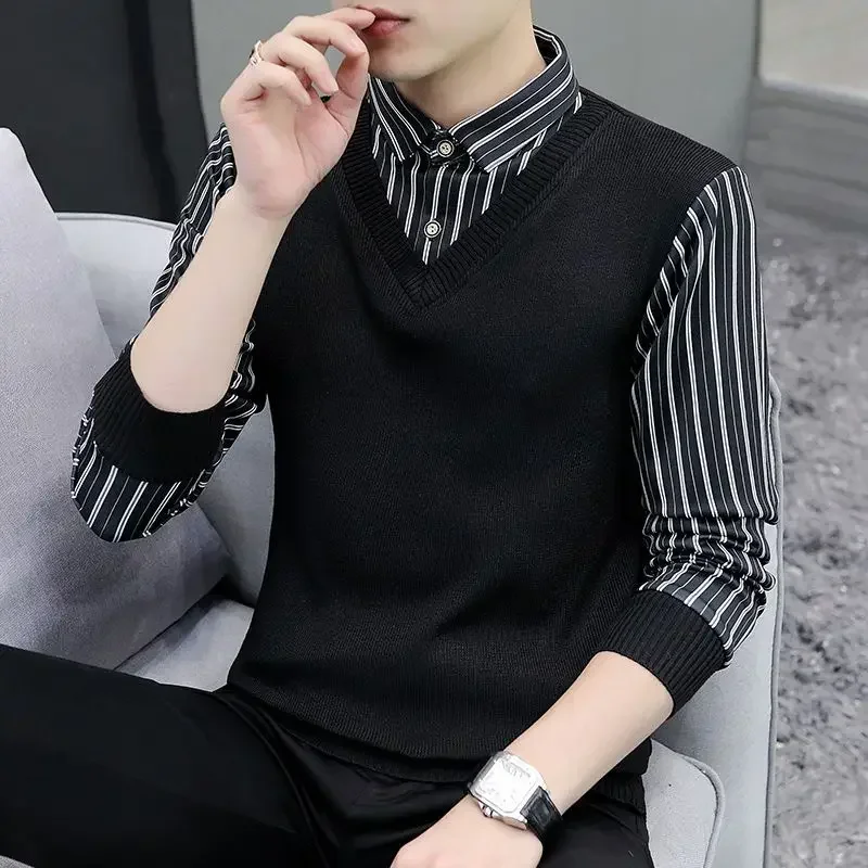 thumbnail image 1 of Camiseta polo para hombre de gran tamaño con empalme superior, ropa de invierno para hombre, de punto, de gran tamaño, a rayas, moda Harajuku, de una pieza, de lujo coreano F, 1 of 5