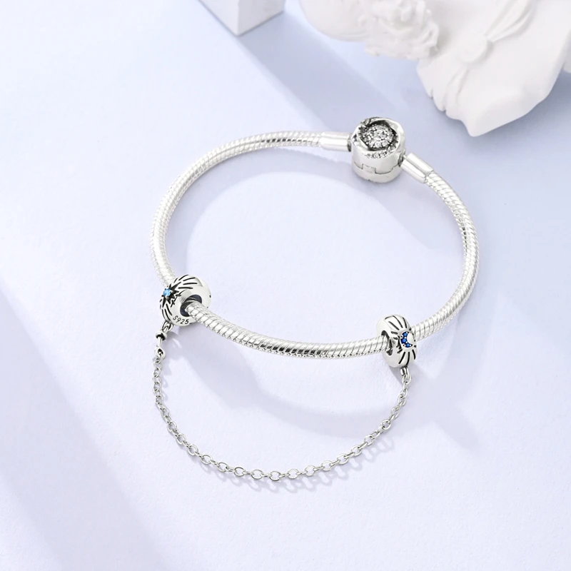Sicherheitskette aus 925er-Sterlingsilber, Stern, Mond, Flugzeug, Erde, eingelegter Zirkon, Charms, Perlen, passend für Original-Armreif, DIY-Schmuck – Detail 7