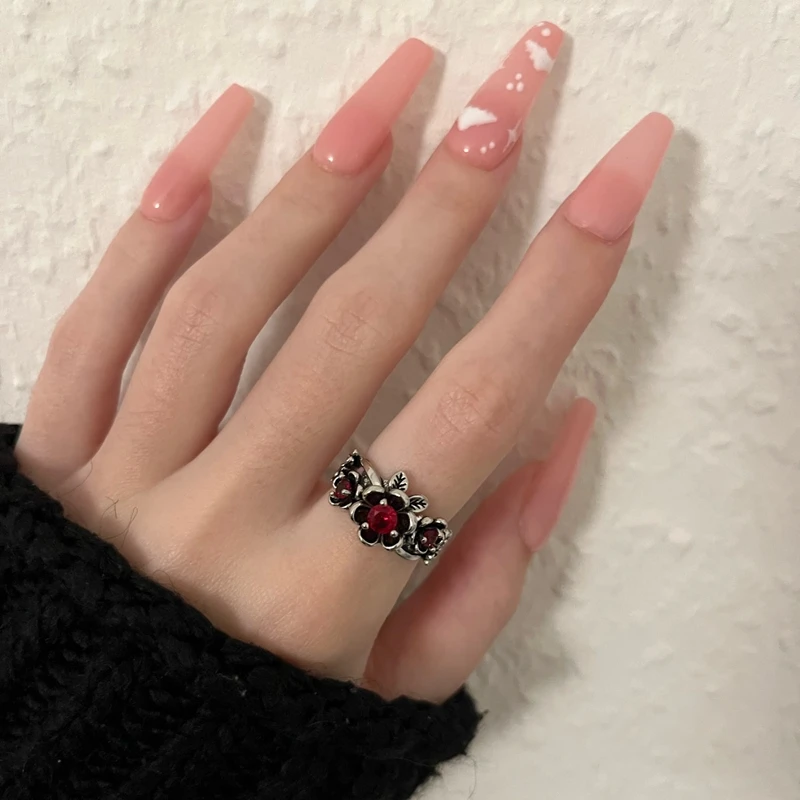 Vintage Bohemian Flower Red Crystal Women Silver Ring Wedding Engagement Gift