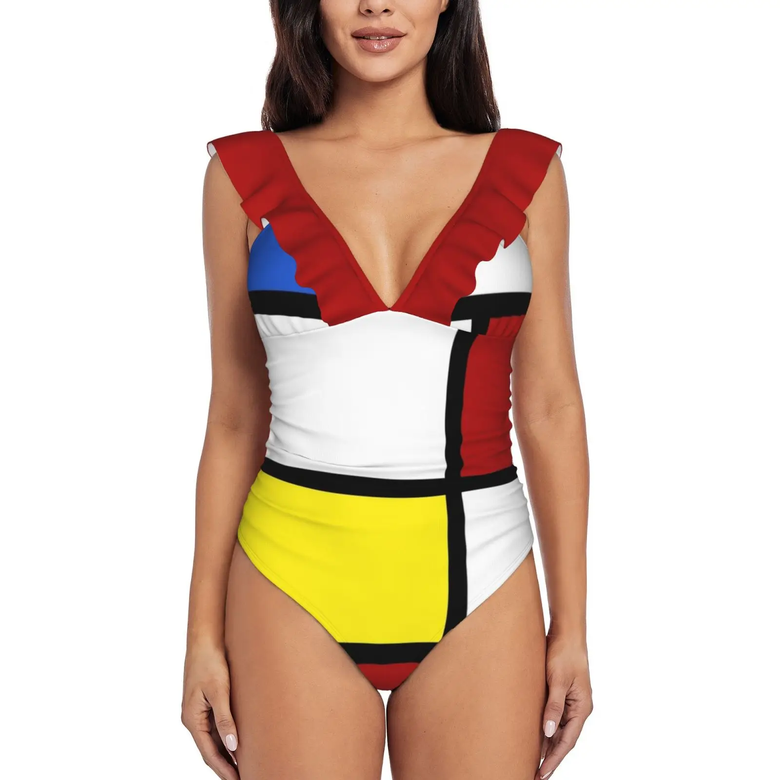 Anni '60 Bianco, Rosso E Giallo Scatola Modello Sexy Costume Intero Donna Costumi Da Bagno Monokini Ruffle Costume Da Bagno Beach Wear Uk