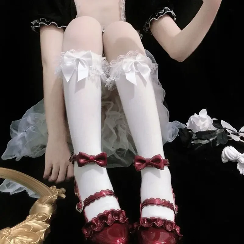 Lolita Lace JK Stockings Bow Knot Female Long Socks Soft Sister Jk Uniform Knee Student Cute JK lace stockings,anime socks,anime stockings,knee stockings