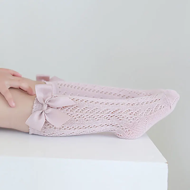 Summer Solid Color Spanish Bow Princess White Socks Mesh Hollow Out Thin Stitch Knee High Long Tube Stockings for Children Girls