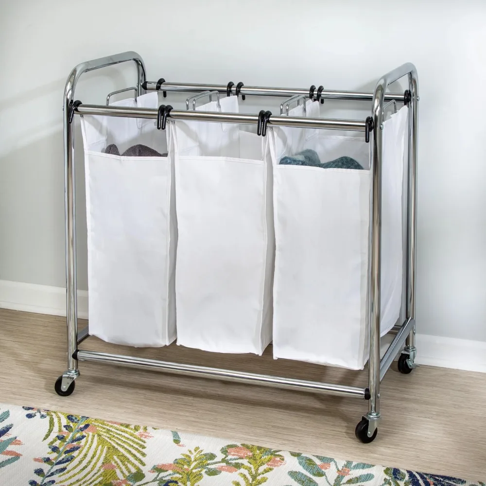 

White 3 Bag Steel Heavy-Duty Laundry Sorter