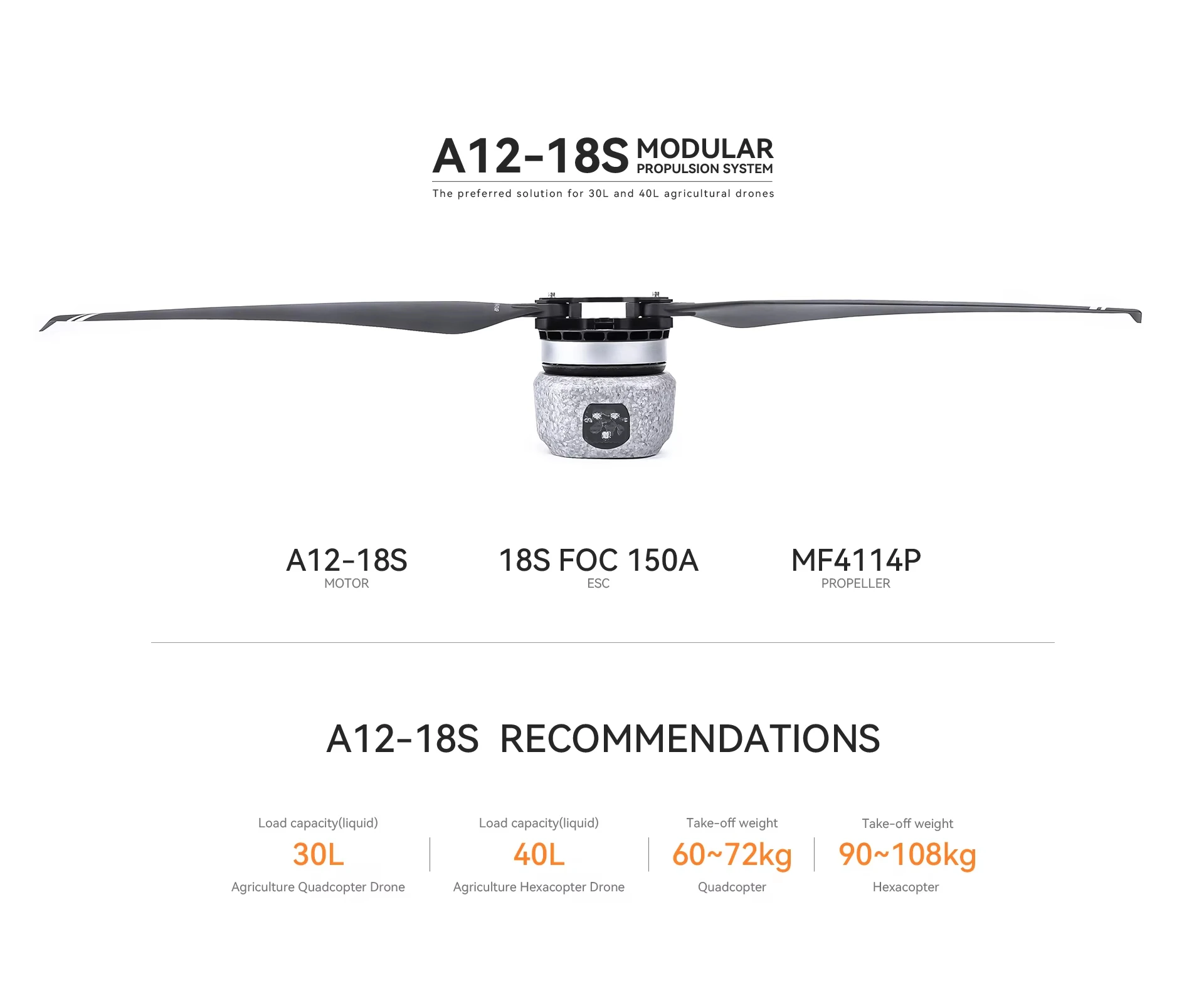 Moteur drone agricole A12 18S sur un drone agricole, vue de côté montrant la fixation.
