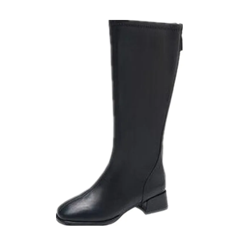 Shoes Female 2024 Fashion Zip Knee-High Women's Boots Square Heel Square Toe Solid Ladies Long Boots Zipper Modern Shoes Ladies