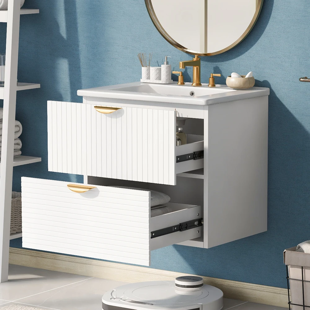Modern 24 Inch Wall-Mounted Bathroom vanity with 2 Drawers, White - Ideal for Small Bathrooms 2