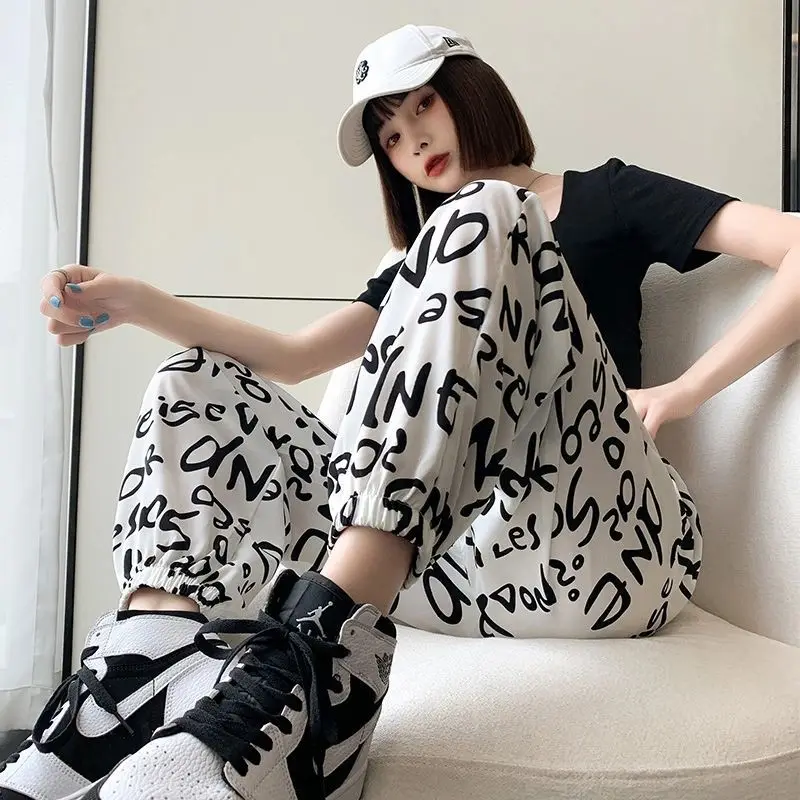 Fashion Loose Elastic High Waist Folds Shirring Bandage Bow Letter Pants Female 2023 New Oversized Commute Printed Casual Capris