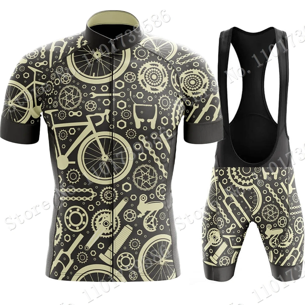 Bicycle Gears Mens Cycling Jersey Set Short Sleeve Ride Retro Clothing Men Road Bike Shirts Suit Bicycle Bib Pants Maillot