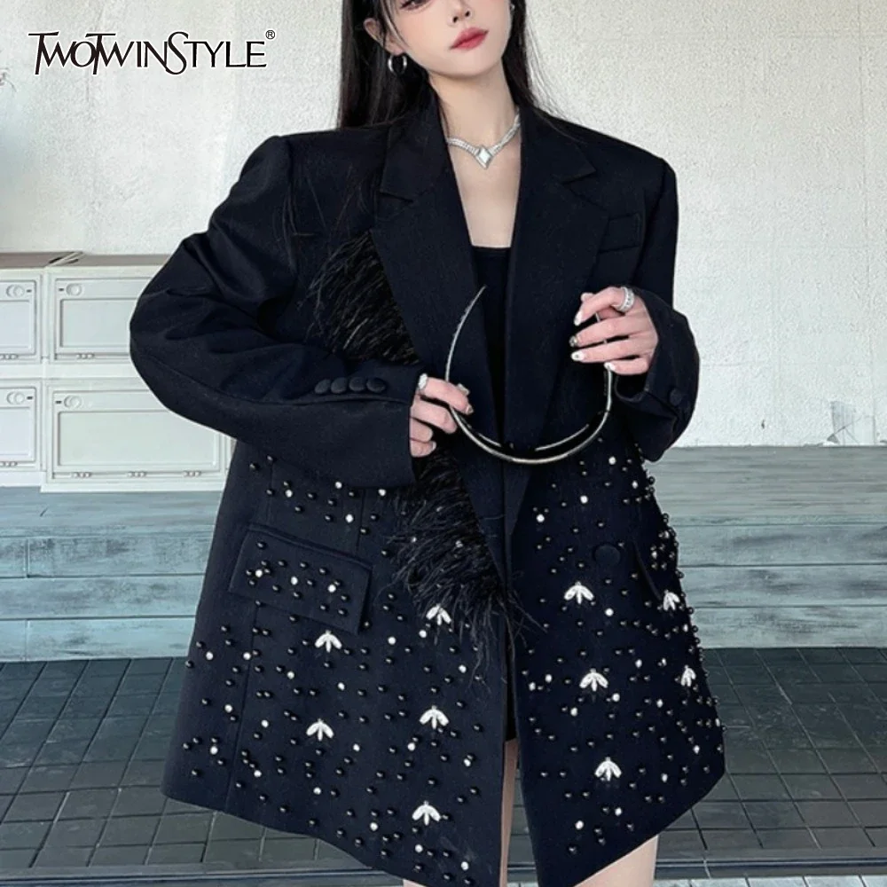 Solid Slimming Spliced Bead Feather Blazers for Women Lapel Long Sleeves Patchwork Button Blazer Female Fashion New