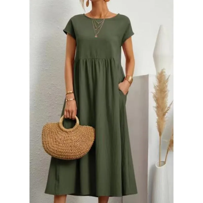 

Women's Elegant Solid Color Dress Summer Short Sleeve O-Neck Vintage Harajuku Cotton Linen Comfortable Loose Pocket Long Dresses