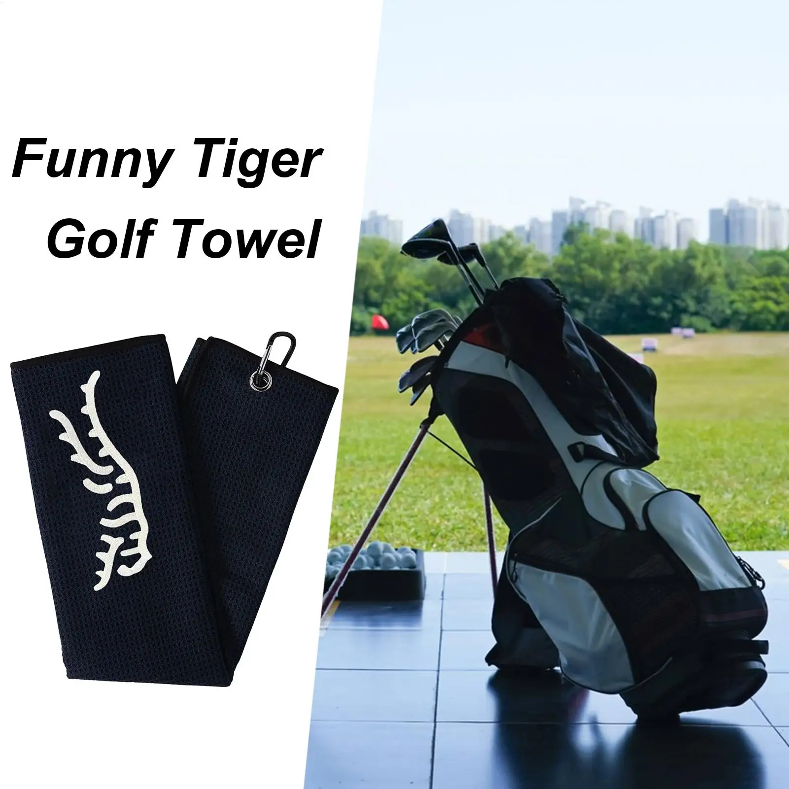 NEW 1pc Tiger Embroidered Golf Towel, Microfiber, Waffle Texture, Soft Material, with Carabiner, for Golf Bags and Accessories