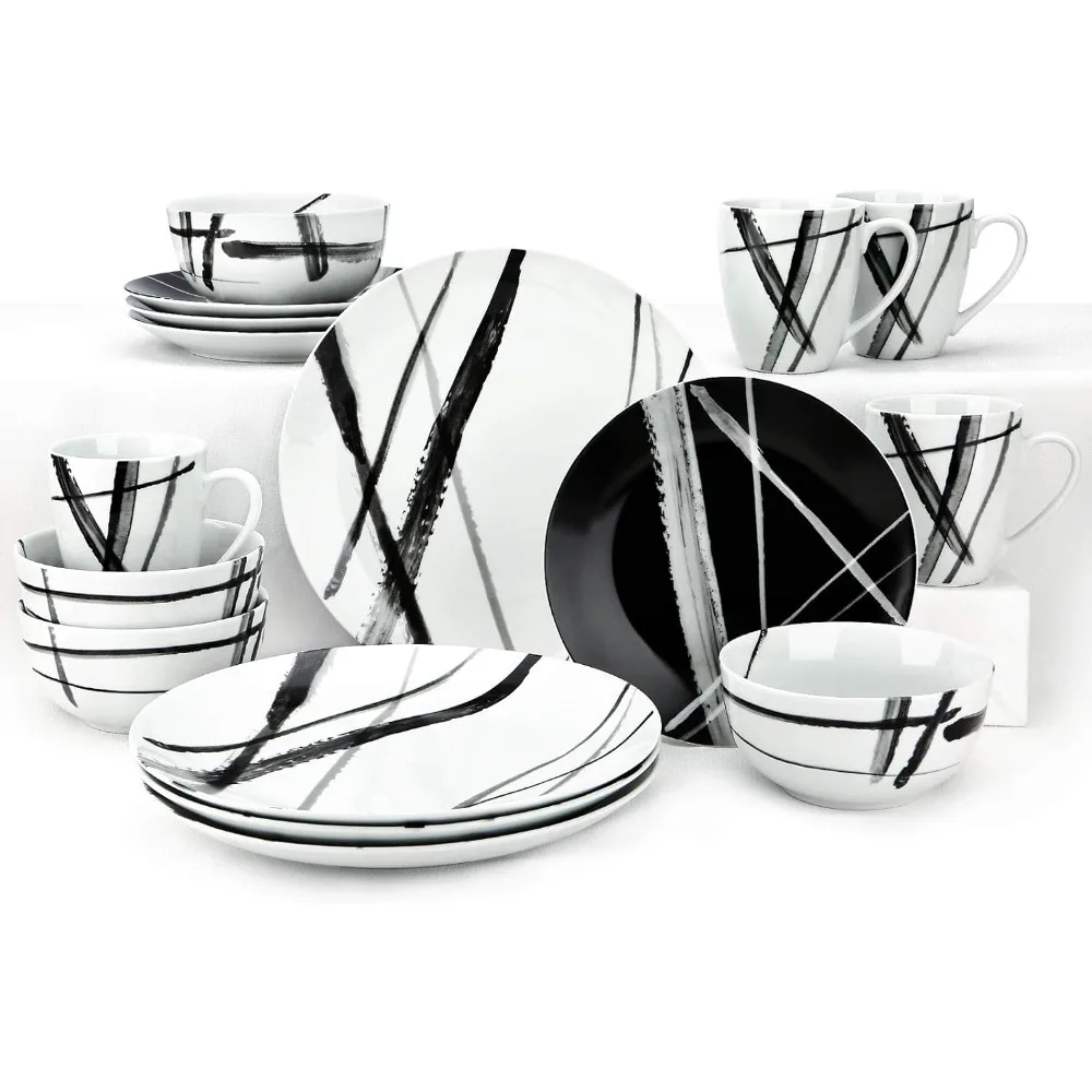 

16 Piece Round Dinnerware Sets, Black and White Metro Stoneware Dish Sets, Dishwasher Safe Plates and Bowls Sets for 4