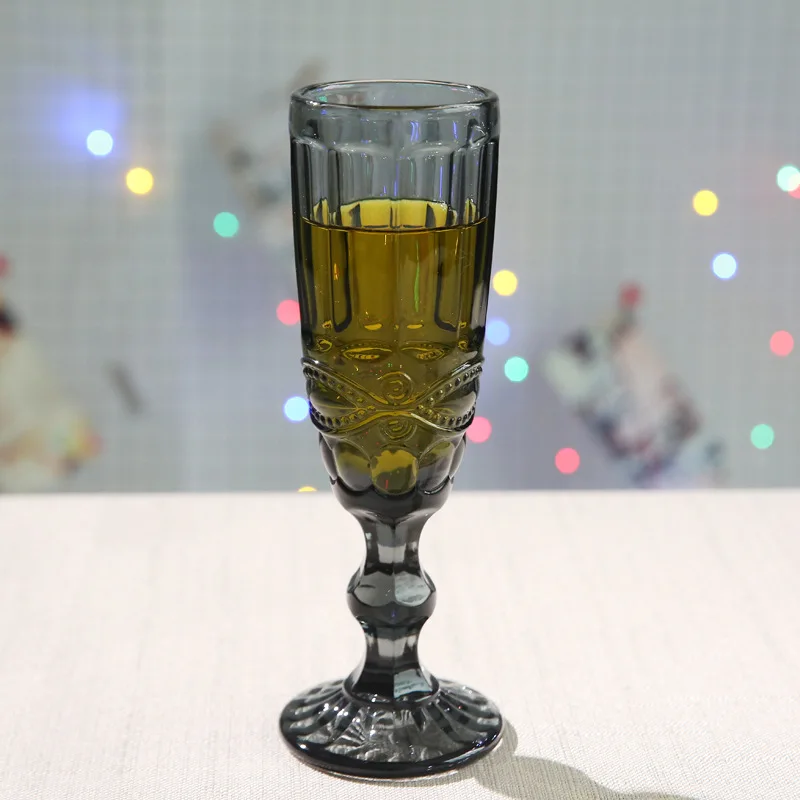 1 Piece 150ml 5oz Vintage Embossed Heavy Thick Clear Pink Green Blue Grey Colored Champagne Flute Glasses Goblet Cup 5