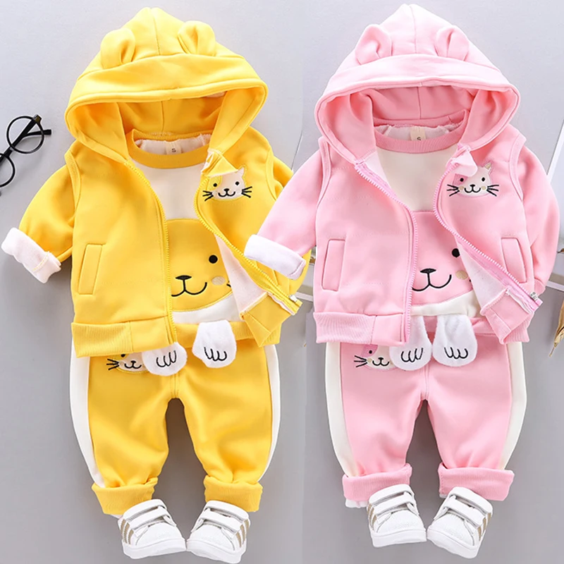 

1-4 Years Autumn Winter Baby Girls Clothing Set Cartoon Cat Cute Keep Warm Lined With Plush Lining Hooded Vest+Sweatshirt+Pants