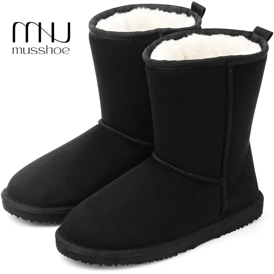 MUSSHOE Winter Warm Mid-Calf Plush Fuzzy Snow Boots for Women Ankle Furry Slip On Boots Suede Platform Boot Fall Fur Cozy Shoes