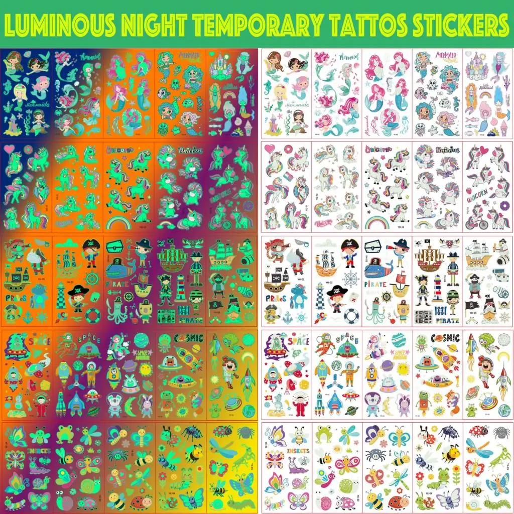 

Glow In Dark Unicorn Temporary Tattoos For Boys Girls Luminous Animal Pirate Butterfly Fake Tattoo Sticker Child Arm Bee Tatoos