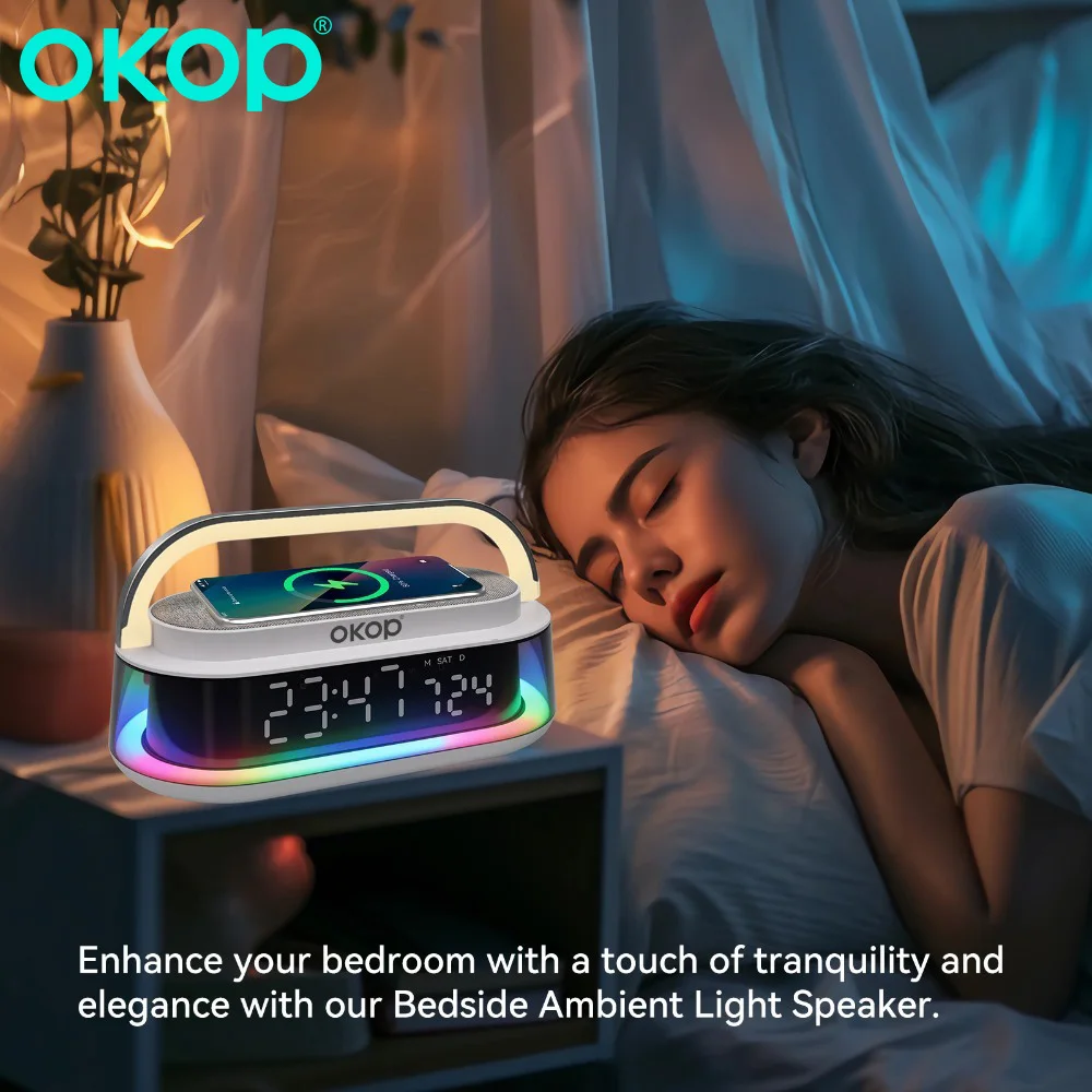 OKOP 15W Bluetooth-Lautsprecher mit kabelloser Ladefunktion, Desktop-Wecker, RGB-Ambientebeleuchtung, USB-, TF- und AUX-Anschluss sowie Subwoofer_voghion.com