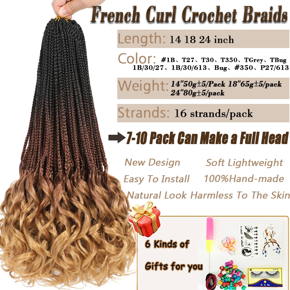 14 18 24 Inch French Curl Box Braids Crochet Hair Ombre Brown To