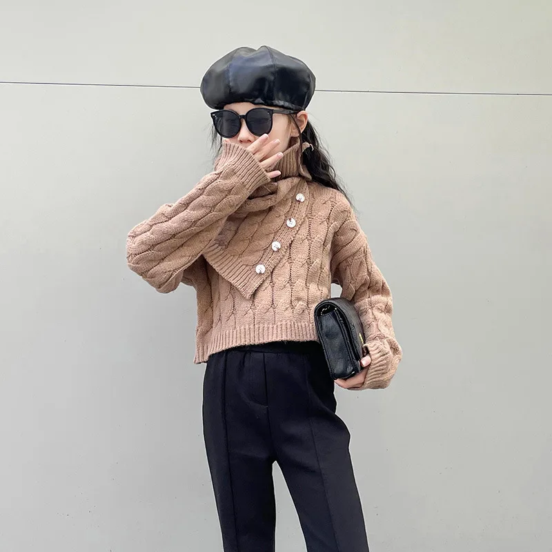 

Kid Girls Clothes Autumn Winter Fashion New Knitted Sweater with Vintage Bib Thick Round Neck Jacquard Pullover for Teens 4-14 Y