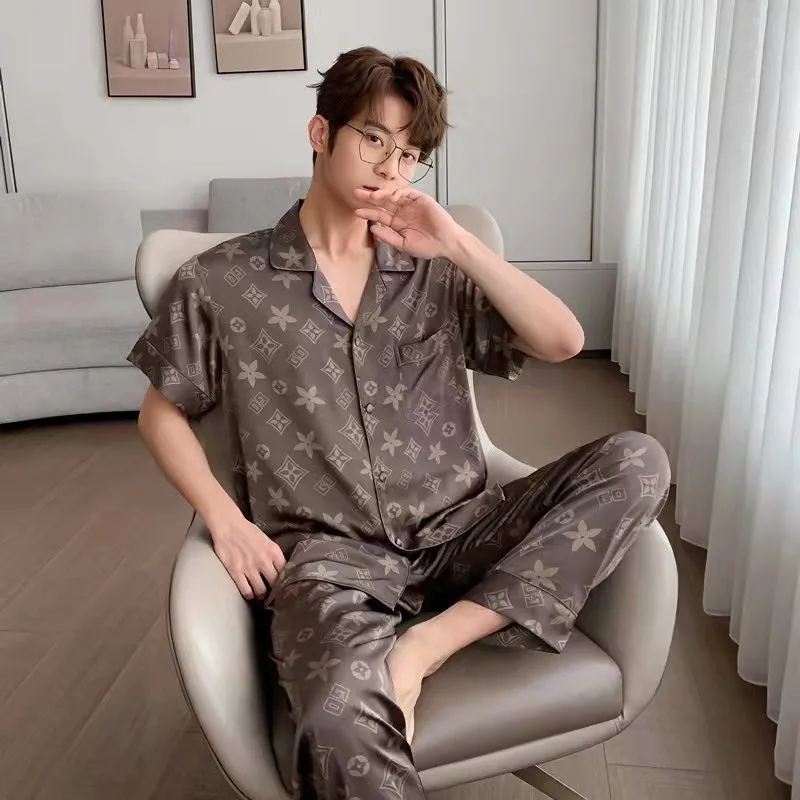 Fashionable new simulation silk pajamas for men and women, short sleeved long pants, couple's home clothing set