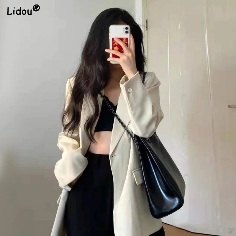 Notched Temperament Solid Color Button Pockets Simplicity Blazers Elegant Fashion Loose Casual Women's Clothing Spring Summer