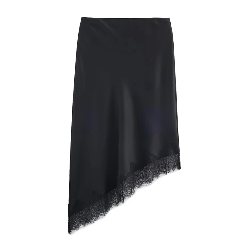 Women Chic Elegant Luxury Satin Lace Midi Skirt Asymmetry Long Skirt 2025 New Spring Autumn Fashion Party Mujer Skirt