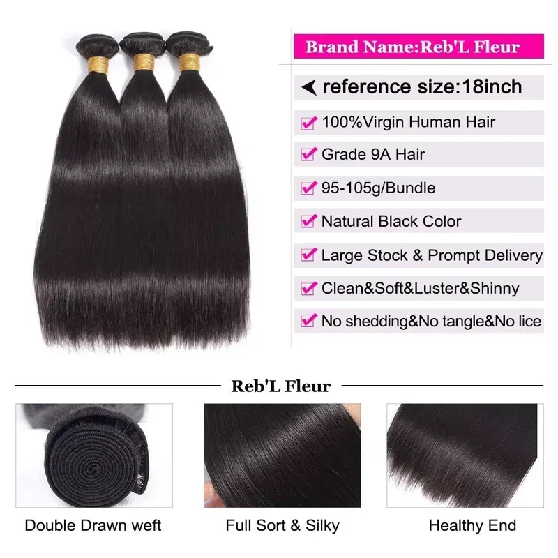 250 Density 42 Inch Straight 100% Remy Human Hair Bundles - 1/3/4 Pcs Pack Natural Color Silky Soft No Tangle No Shedding Thick