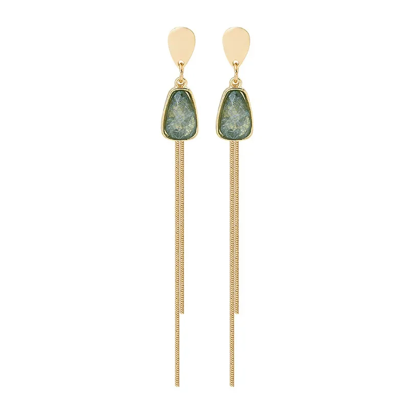 Vintage Green Crystal Long Tassel Earrings for Women Femme Gold Color Alloy Chain Geometric Drop Dangle Earrings Party Jewelry