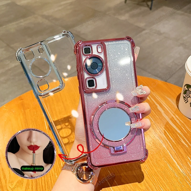 Four-Corner Anti-Shock Plating Phone Case with Makeup Mirror Stand