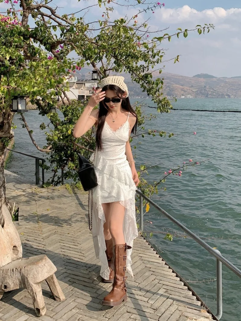 자이라루 화이트 레이스 슬링 원피스 원피스 여성 의류 여름 불규칙한 플라 운스 스커트 슬림 핏 랩스커트 원피스 롱 스커트 