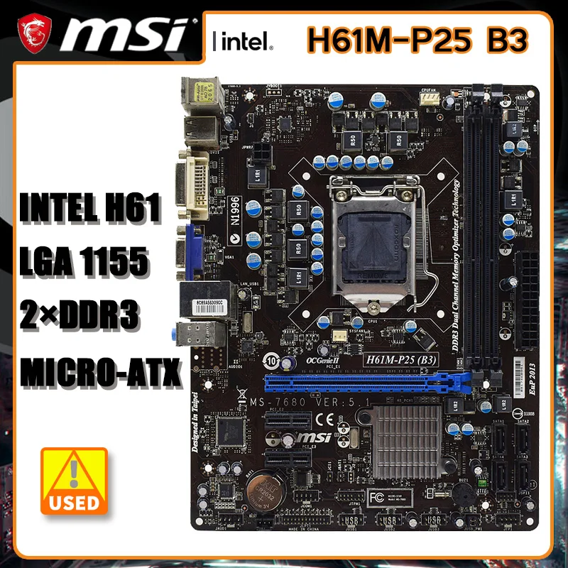 

LGA 1155 H61 Motherboard MSI H61M-P25 B3 Motherboard DDR3 16GB USB 2.0 SATAII M-ATX For 2nd Gen For Core i3-2125 cpus