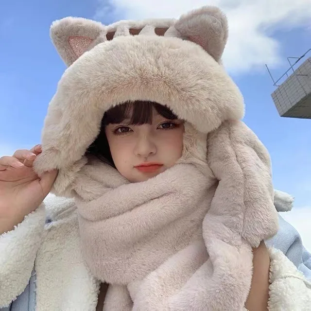 New Korean Hooded Bear Beanie Lady Winter Hats Big Fur Scarf Warm Thick Hat For Women Soft Gloves Kitten Three-Pece Cap Ski Hat 1