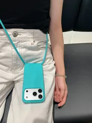 Crossbody Liquid Silicone Shockproof Phone Case with Soft Matte Cover and Lanyard Strap - iPhone 12 Mini (Cyan)