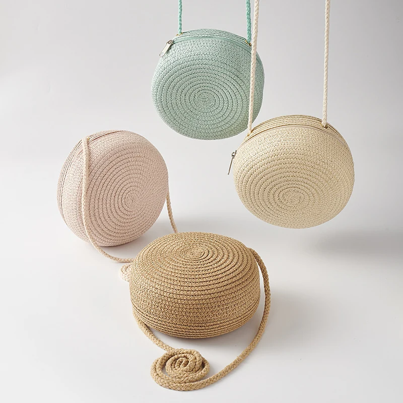 

16.5*6cm Round Straw Bag Women Woven Beach Crossbody Bag Cute Shoulder Rattan Handmade Knitted Candy Color Small Handbag