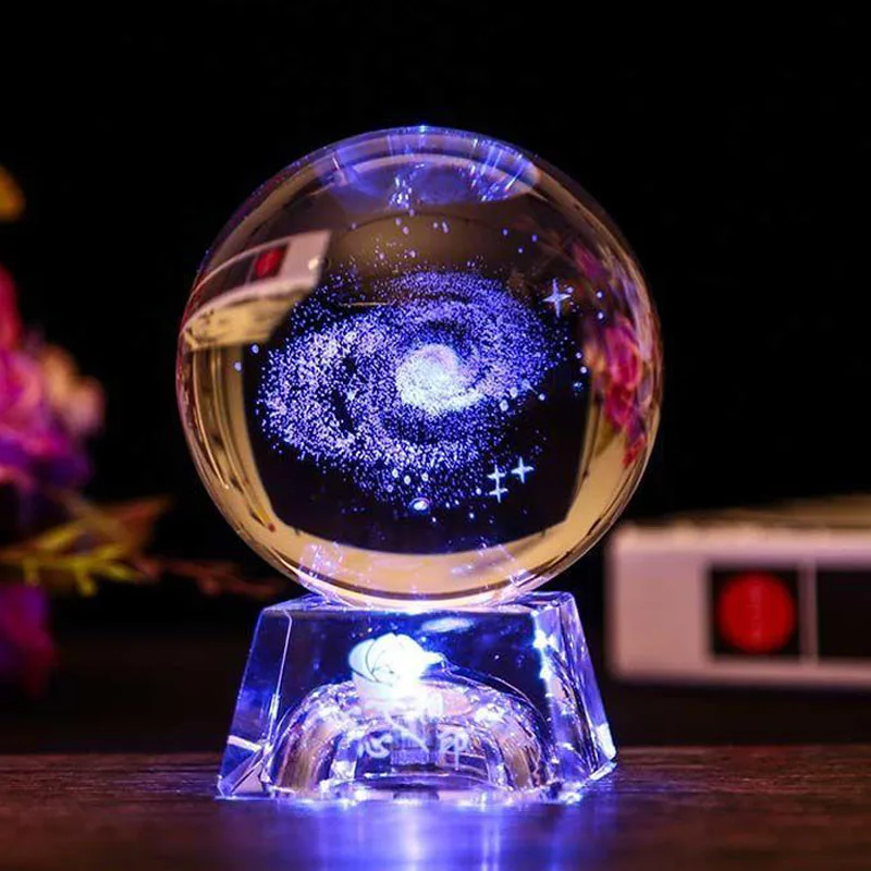 7 Bolas De Cristal Galácticas Con Luz LED - Planetas, Base De Madera, Luz Nocturna Decorativa