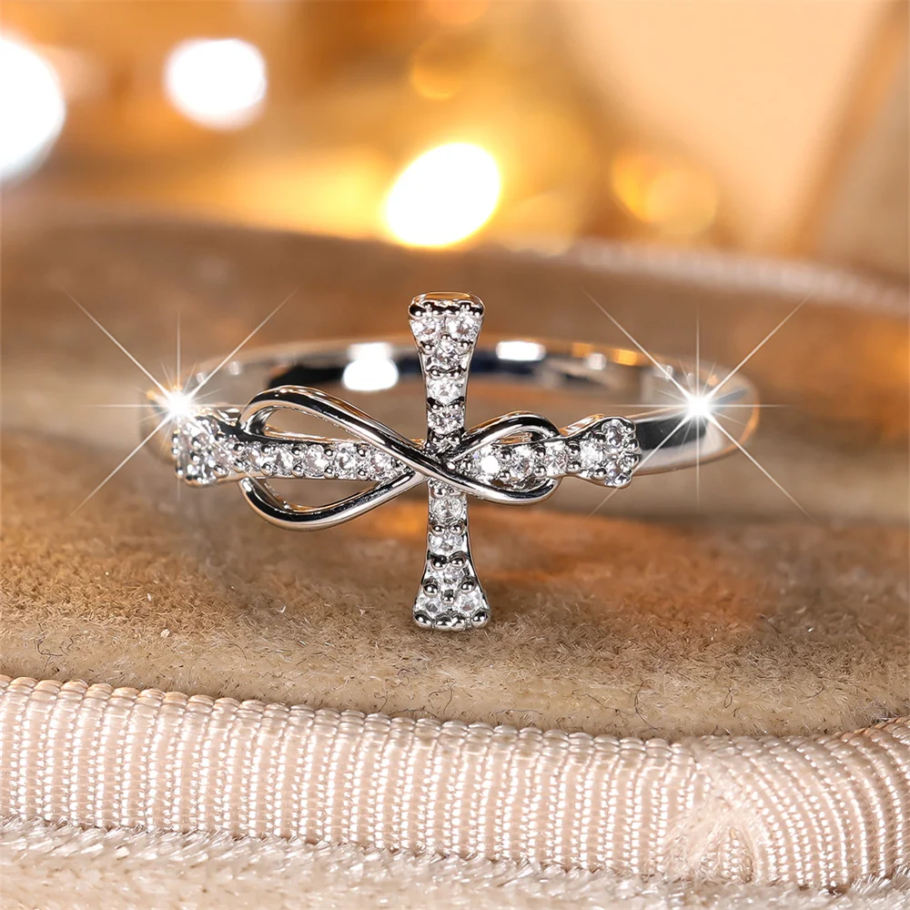 White Zircon Classic Cross Ring Infinity Engagement Promise Rings For Women Trendy Silver Color Wedding Band Jewelry Bridal Gift