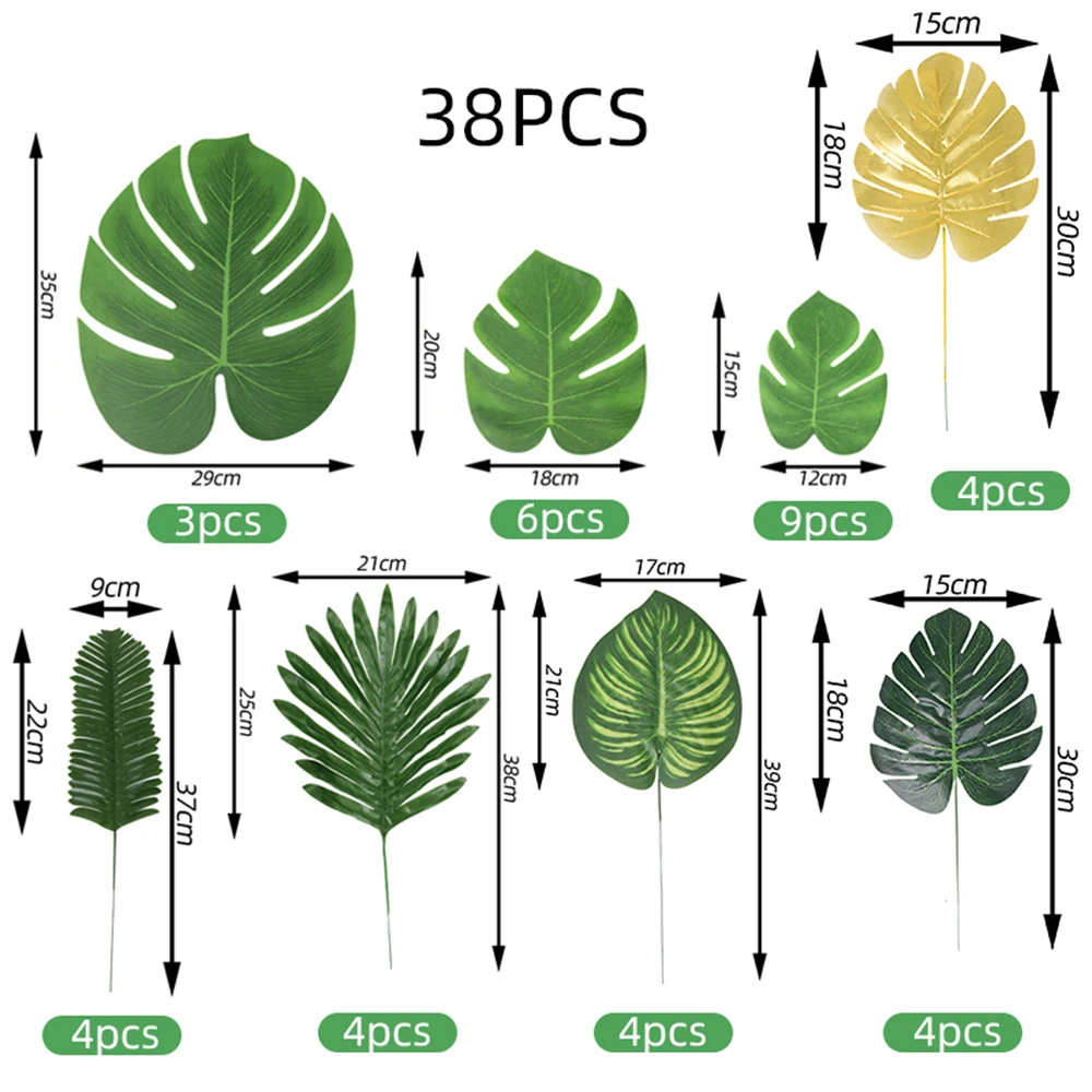 38Pcs Artificial Palm Leaf Set Fake Plant Bouquet Room Table Decor Realistic Green Plants for Wedding Decoration Hawaiian Party 1