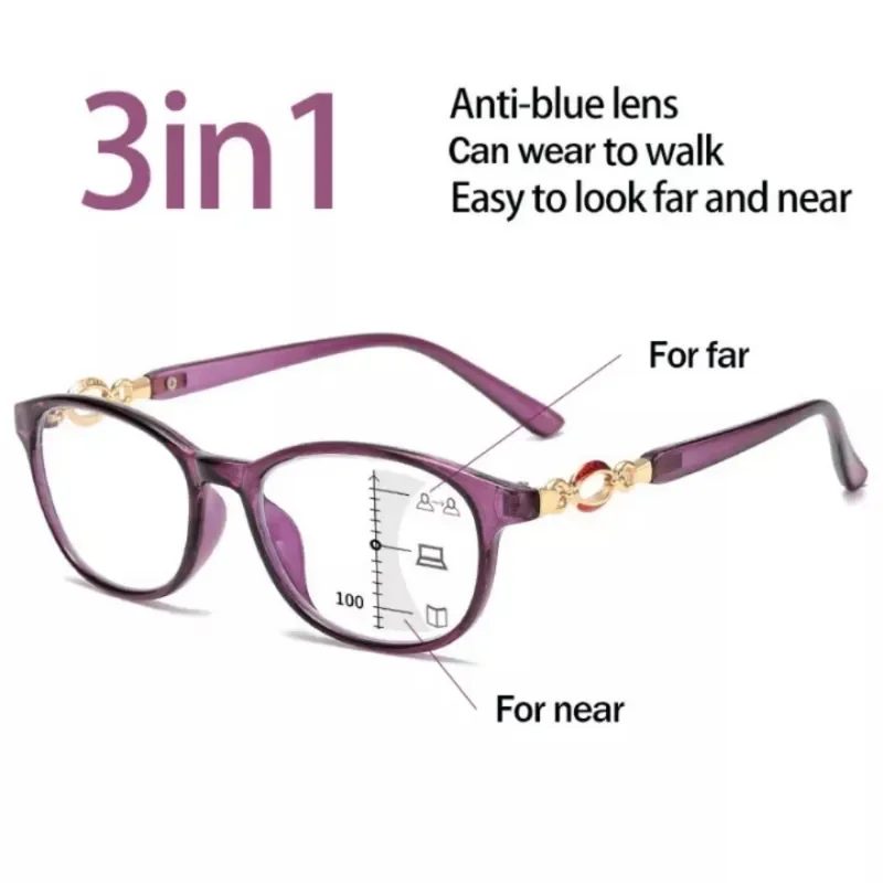 3 in 1 Progressive Multifocal reading glasses Women Anti-blue Eyeglasses Easy To Look Far and Near +1.0 To +4.0