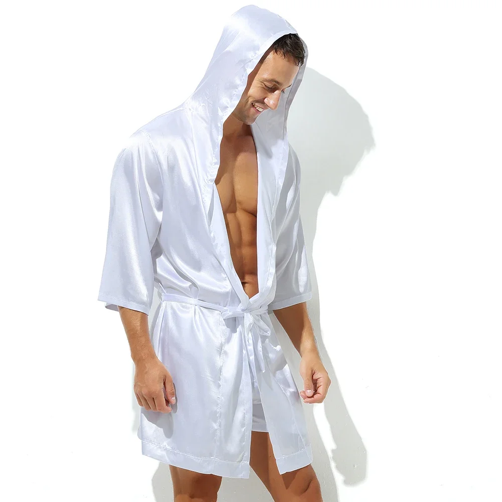 Mens Hooded Bathrobe Shorts Set Pajamas Night Robe Dress Gown Male Silk Satin Nightgown Kimono Bathrobe Sleepwear House Robe Men