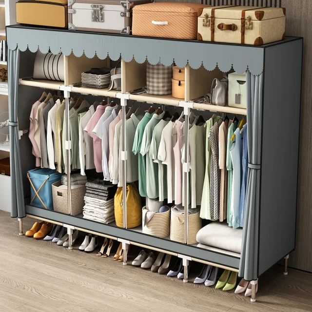 Simple wardrobe, sturdy and durable household bedroom, all steel frame, thickened and assembled fabric wardrobe, rental room war