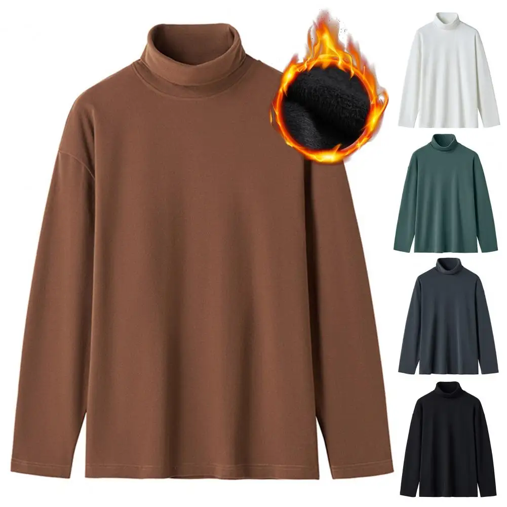Winter Men Turtleneck Base Top Long Sleeves Knitted Pullover Keep Warm Double Collar Elastic Anti-pilling Men Base T-shirt