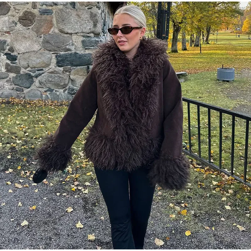 Plüsch Faux Pelze frauen Mäntel Elegante Pelz Revers Volle Hülse Verdicken Mantel Weibliche 2025, Herbst Winter Mode Warme dame Streetwear – Detail 3
