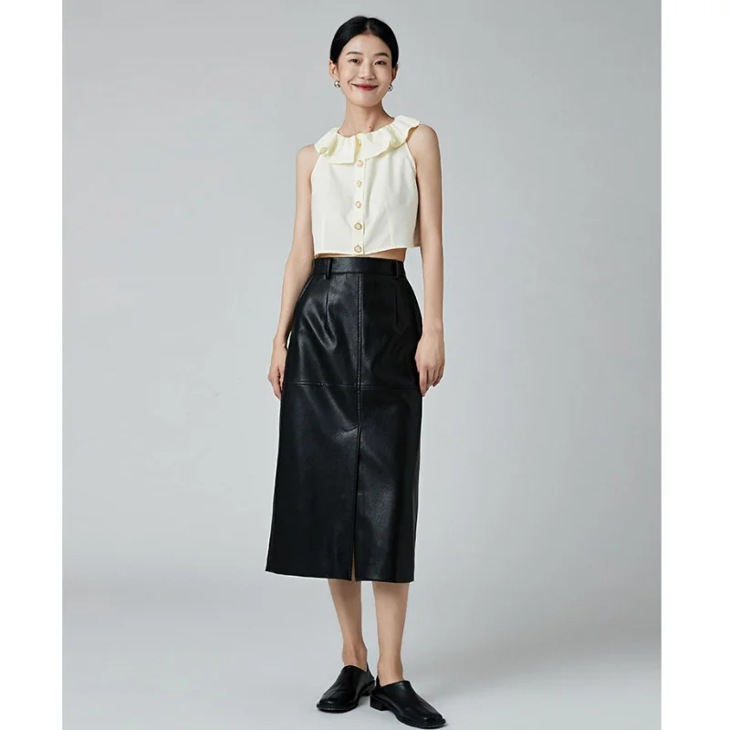 High Waist PU Skirt Women A-line Autumn Leather New Slightly Wrinkled Mid-length Split Line Skirts Soft Double Side Pocket Black